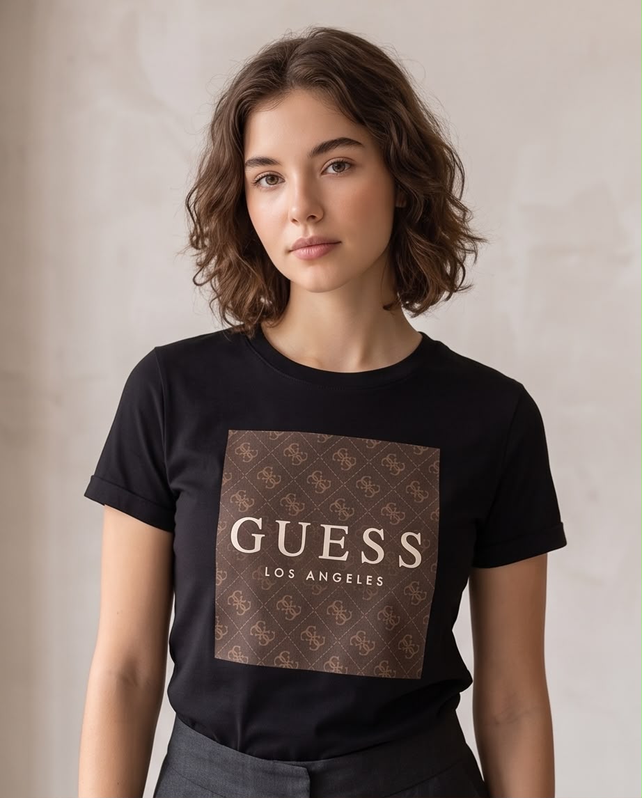 Detalle del cuadro Guess Los Angeles con monograma marrón