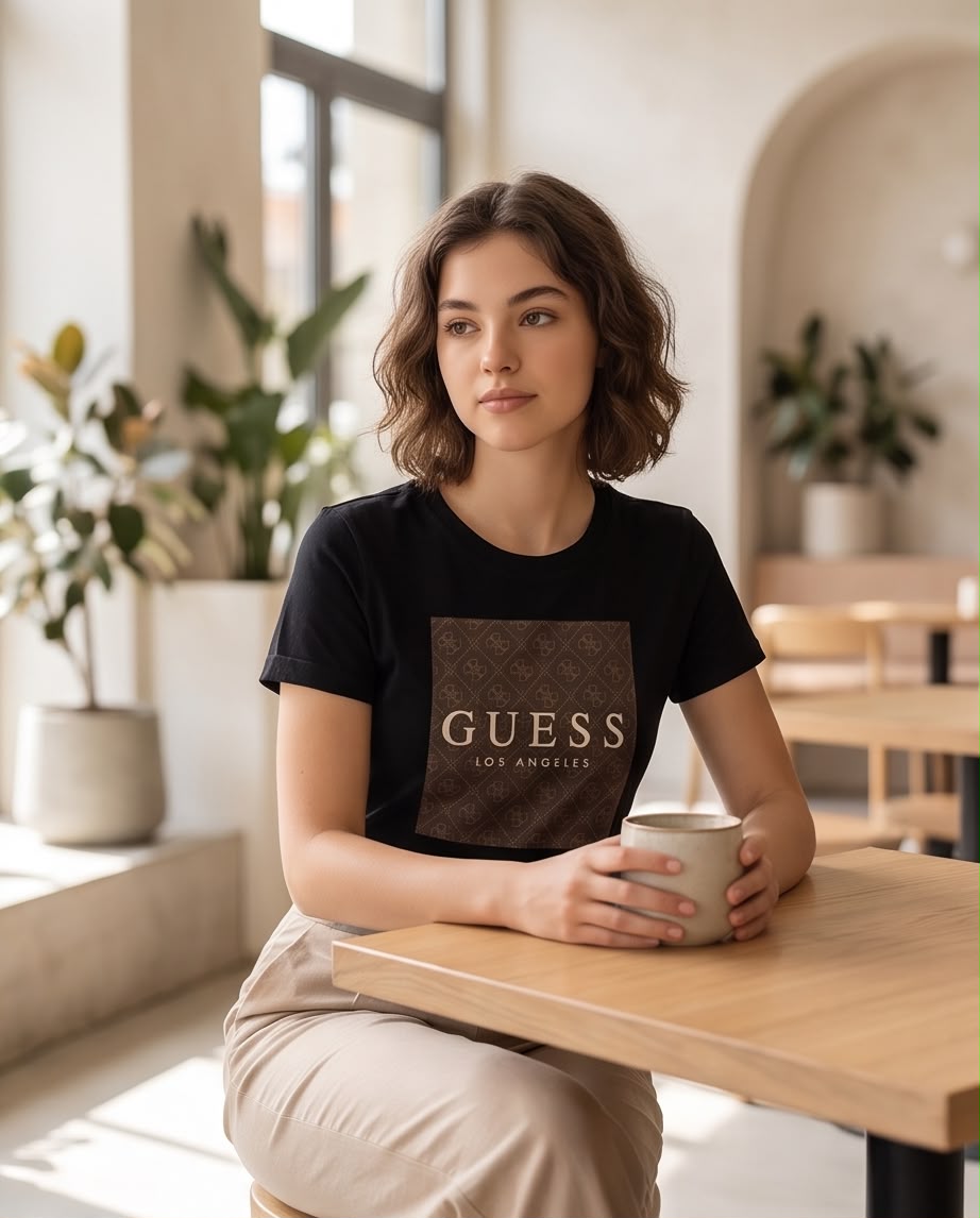 Camiseta negra Guess Los Angeles monograma marrón look completo