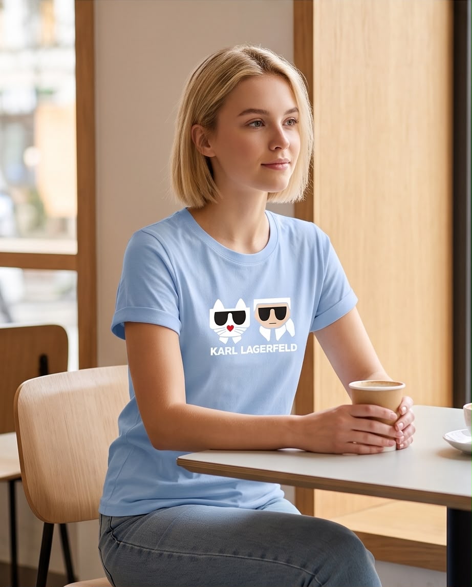 Camiseta azul claro Karl y Choupette en modelo sentada
