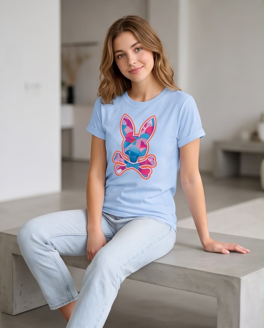 Camiseta azul claro conejo multicolor en modelo sentada