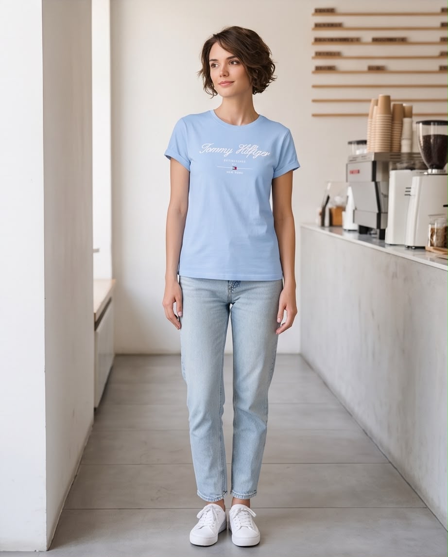 Camiseta azul claro Tommy Hilfiger cursiva en cafetería