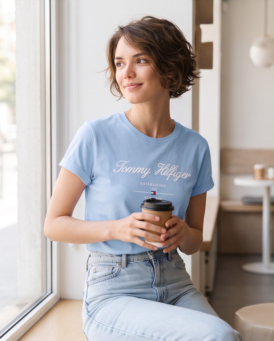 Detalle del estampado Tommy Hilfiger cursiva blanca en camiseta azul claro