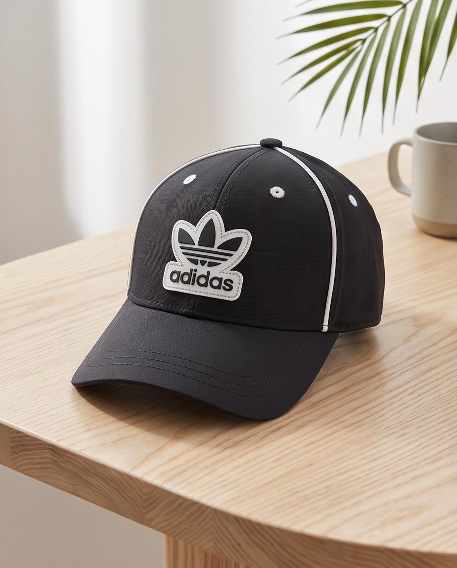 Gorra negra Adidas Trefoil en vista diagonal