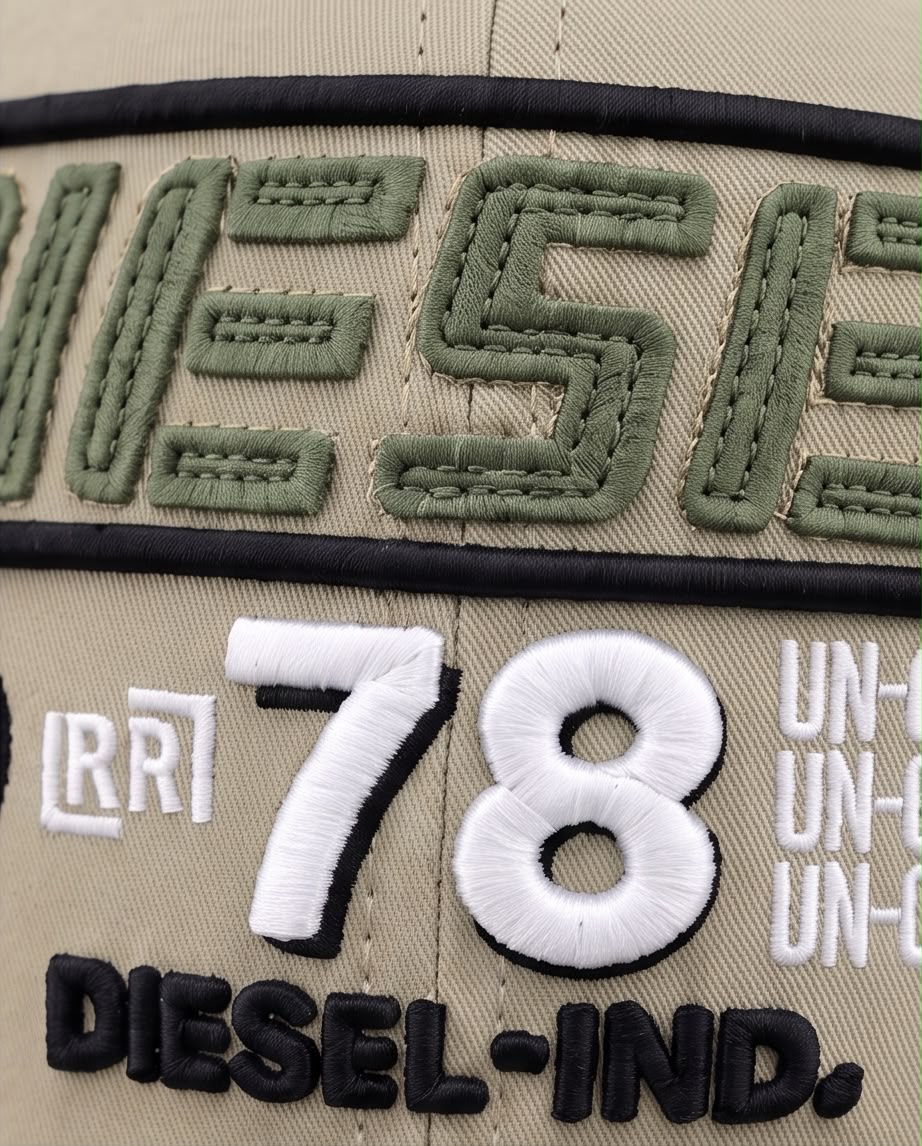 Detalle del bordado Diesel verde oliva y número 78 blanco