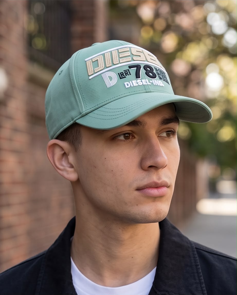 Gorra Diesel verde menta puesta en modelo
