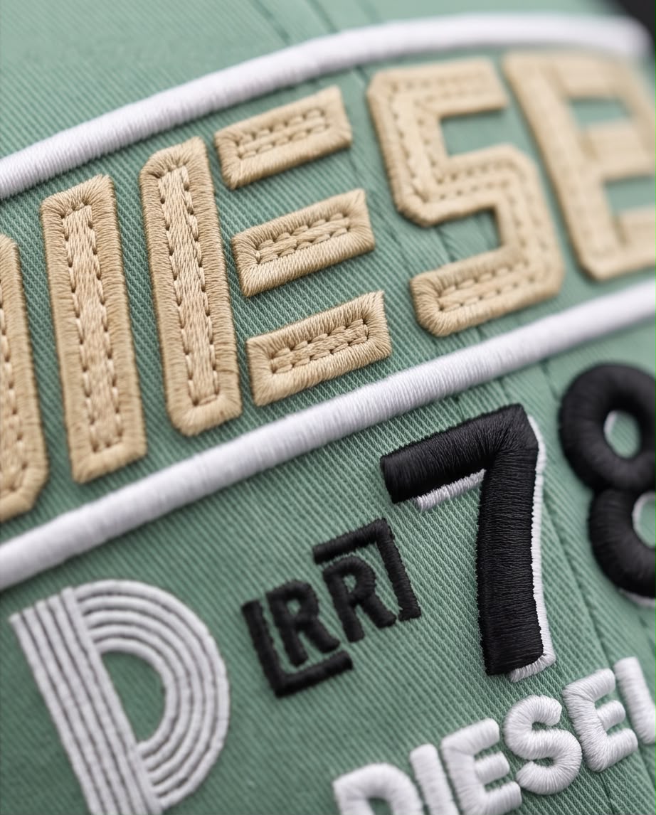 Gorra Diesel 78 verde menta con bordado beige, vista frontal