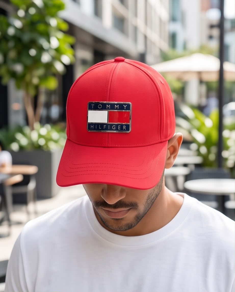 Gorra Tommy Hilfiger roja puesta en modelo