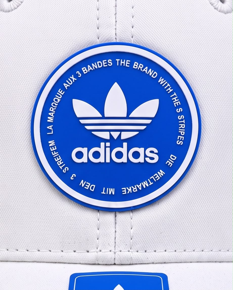 Detalle del parche circular Adidas azul con logo blanco