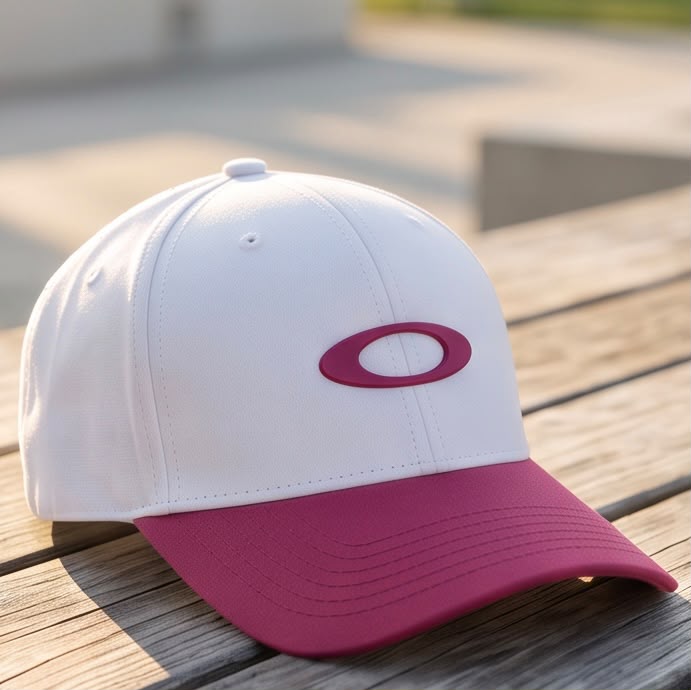Gorra Oakley blanca con visera vinotinto, vista diagonal