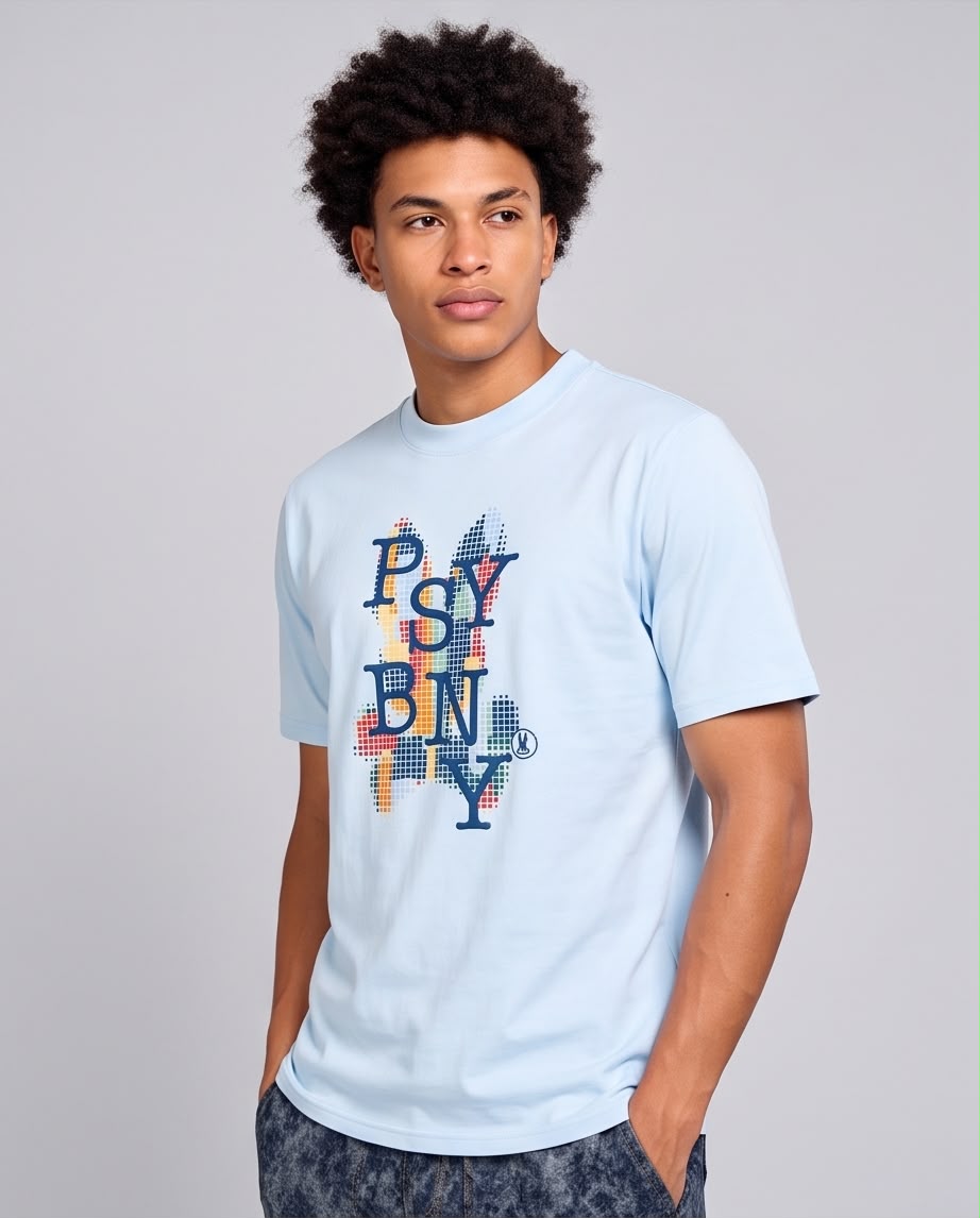 Camiseta Psycho Bunny azul claro, vista frontal de tres cuartos