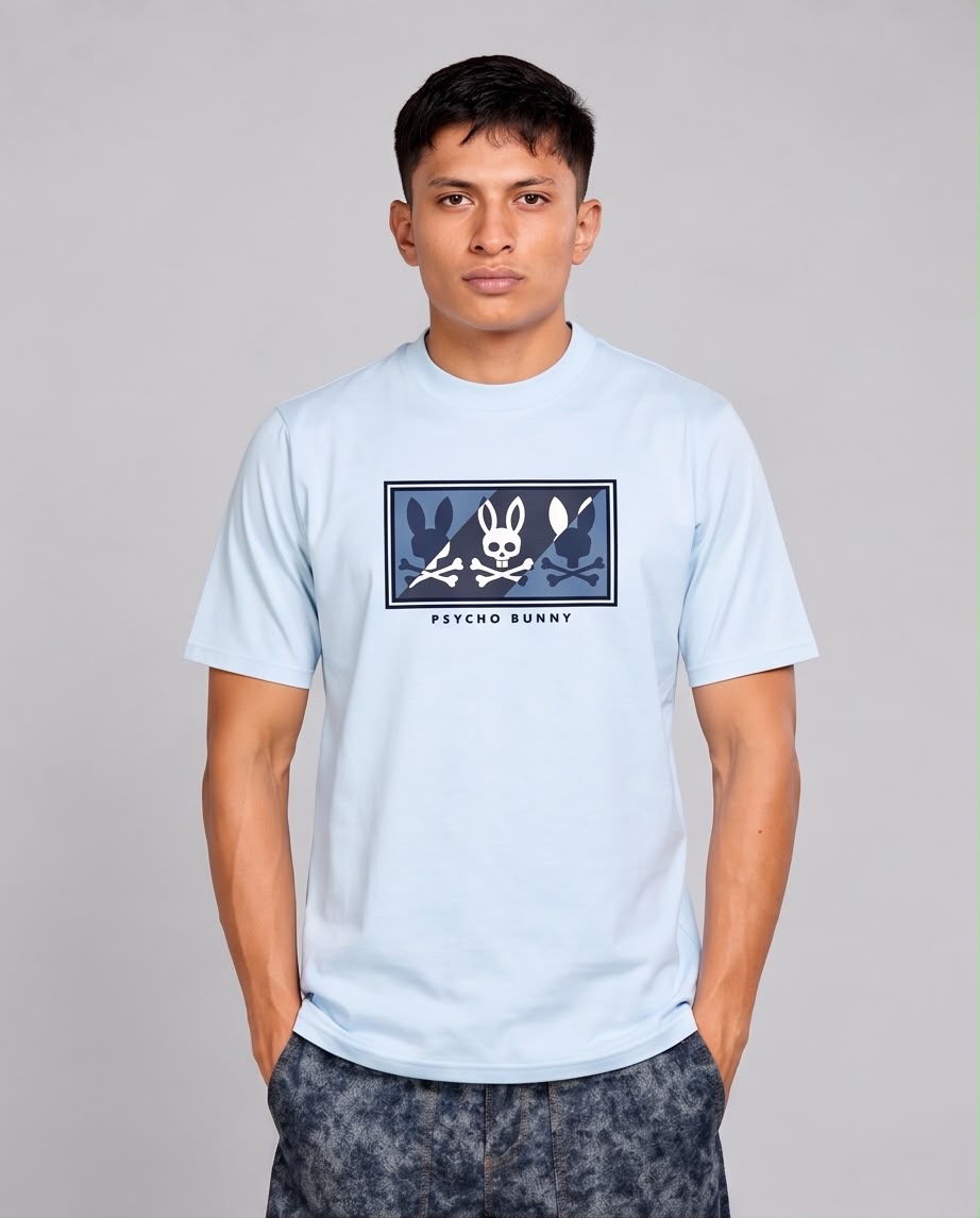 Camiseta Psycho Bunny Triple Conejo azul claro, vista de tres cuartos