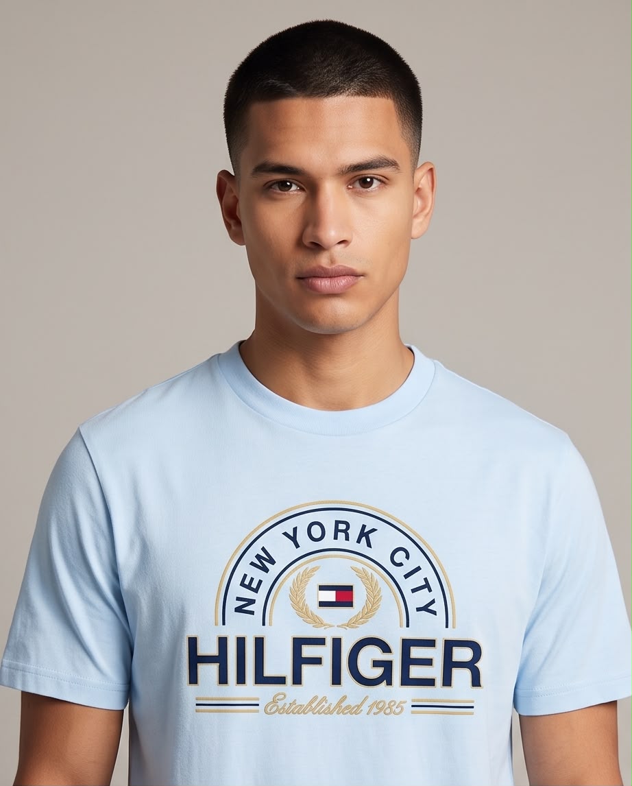 Camiseta Tommy Hilfiger New York City azul claro, modelo de cuerpo completo