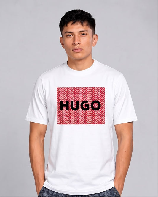 Camiseta HUGO Recuadro Rojo Monograma blanca, vista frontal