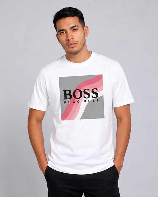 Camiseta BOSS Ondas Rosadas y Gris blanca, vista frontal