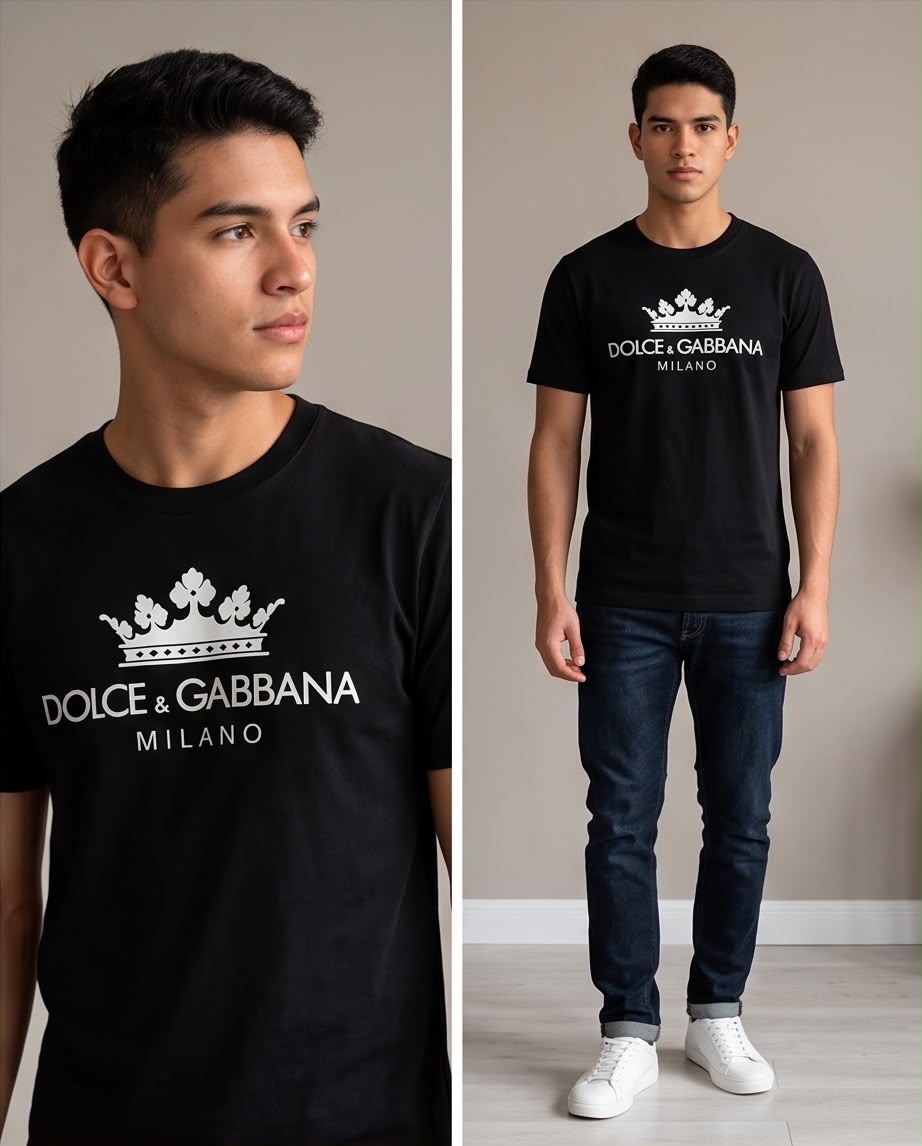 Camiseta Dolce & Gabbana Milano negra, composición de dos vistas del modelo