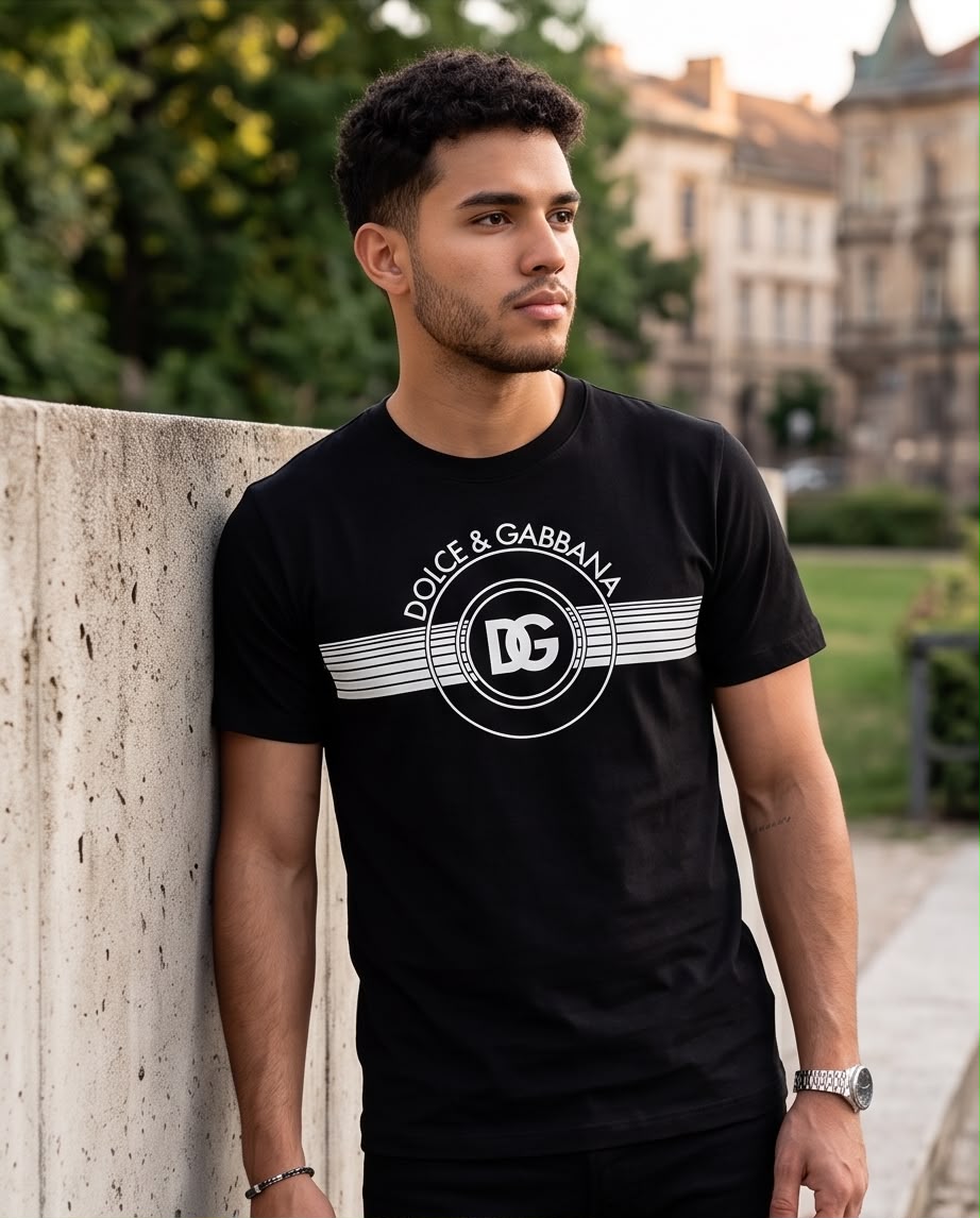 Camiseta Dolce & Gabbana DG Circular negra, modelo en exterior
