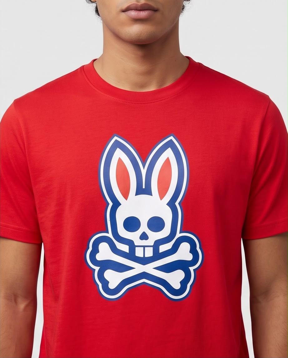 Camiseta roja Psycho Bunny, modelo junto a pared