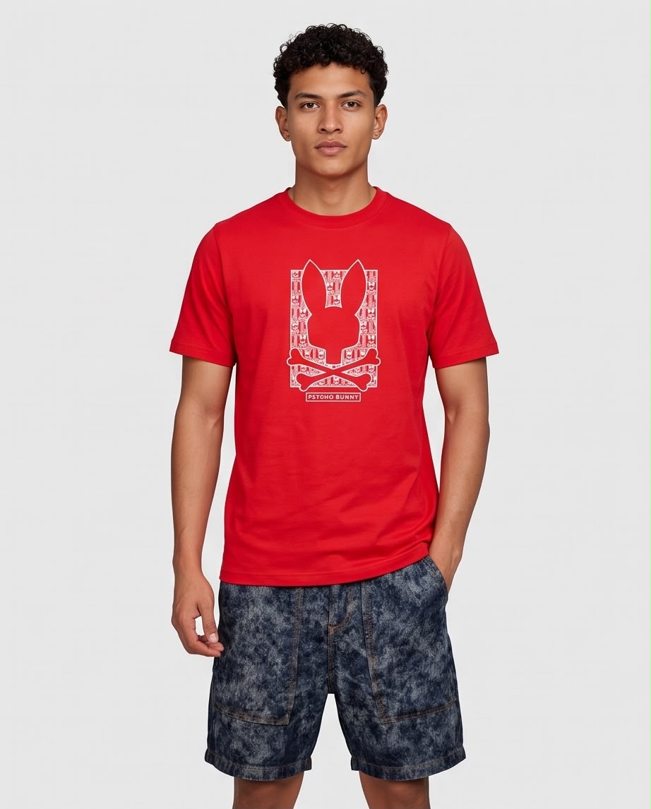 Camiseta roja Psycho Bunny monograma blanco, vista frontal