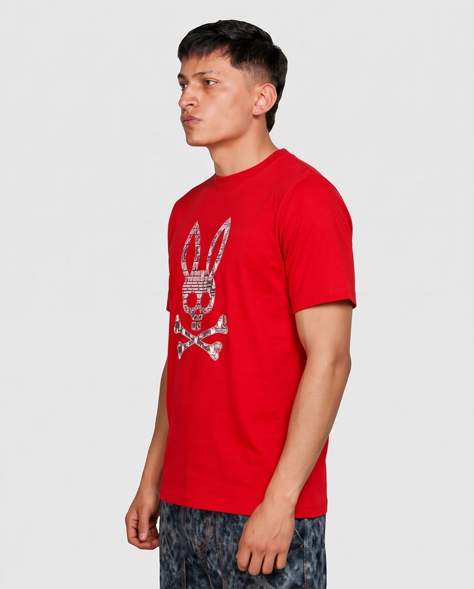 Camiseta roja Psycho Bunny collage, vista lateral