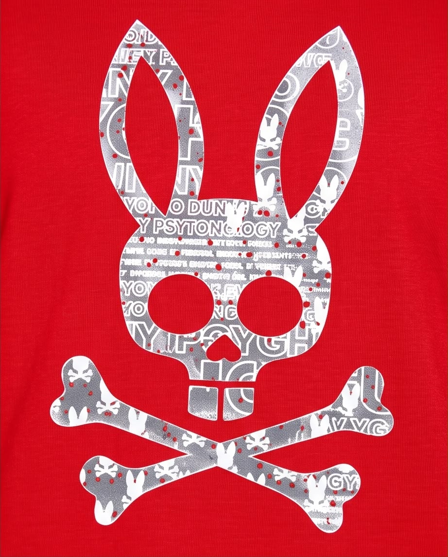 Detalle de calavera de conejo con letras, pequeños conejos y puntos rojos