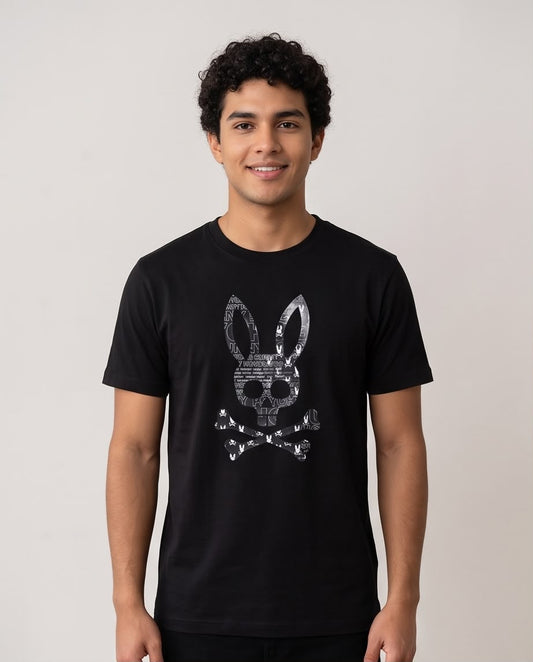 Camiseta negra Psycho Bunny calavera collage blanco y gris, vista frontal