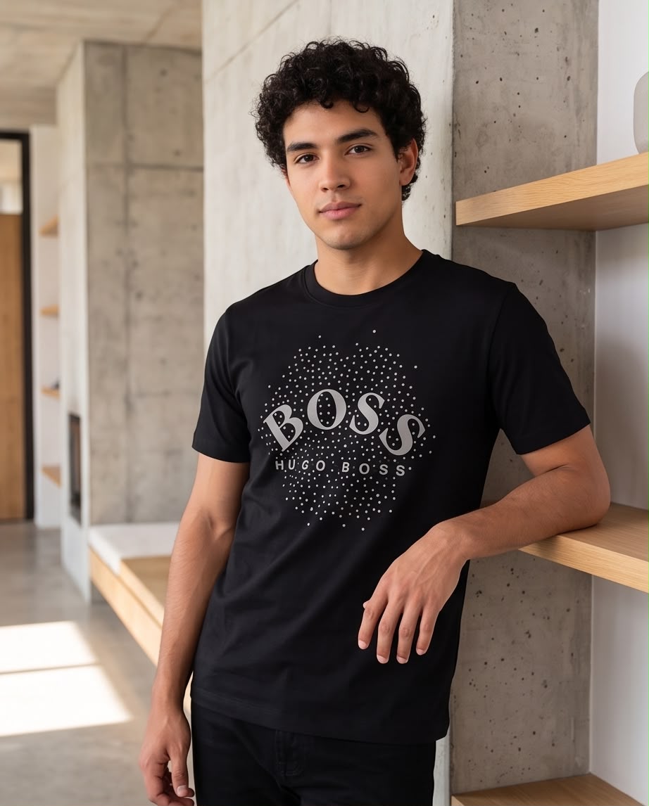 Camiseta negra BOSS letras y puntos grises, modelo en interior