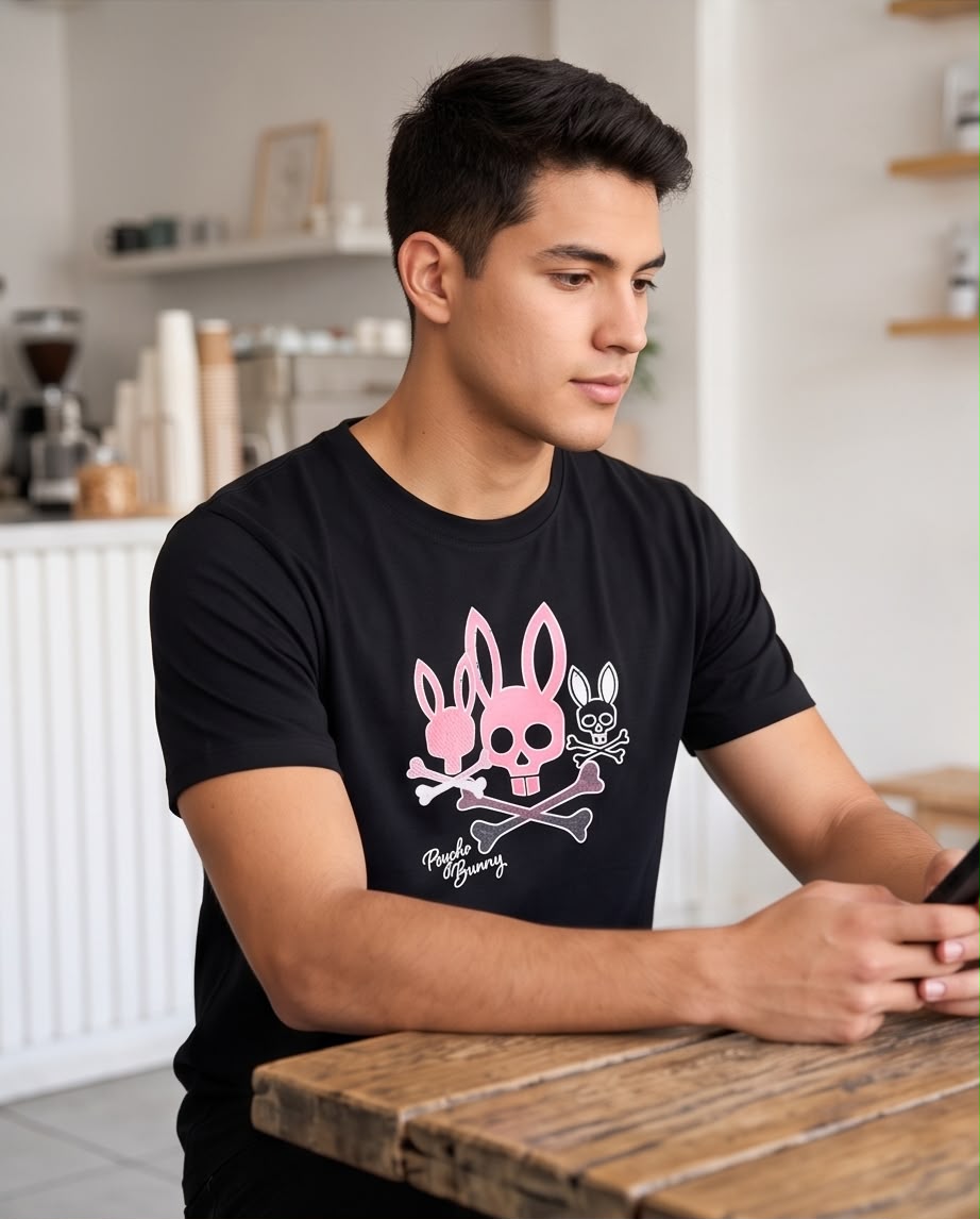 Camiseta negra Psycho Bunny con conejos rosas, modelo sentado