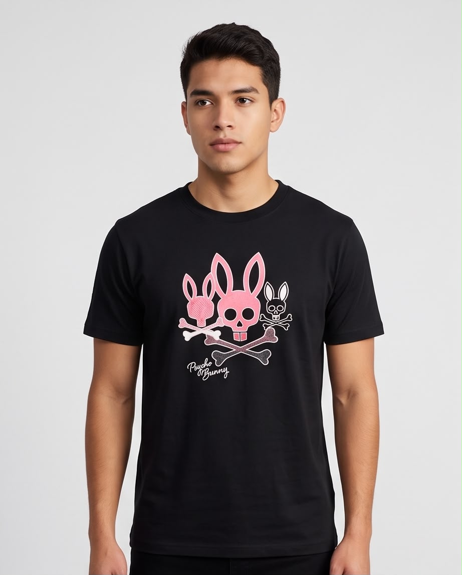 Camiseta negra Psycho Bunny triple conejo rosa y blanco, vista frontal
