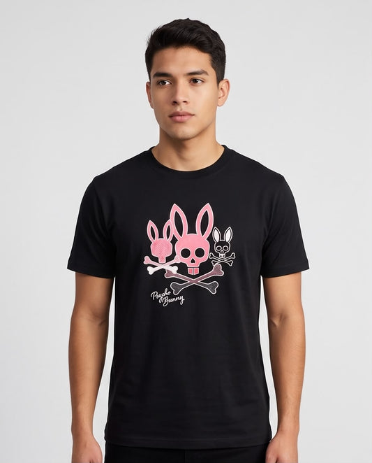 Camiseta negra Psycho Bunny triple conejo rosa y blanco, vista frontal
