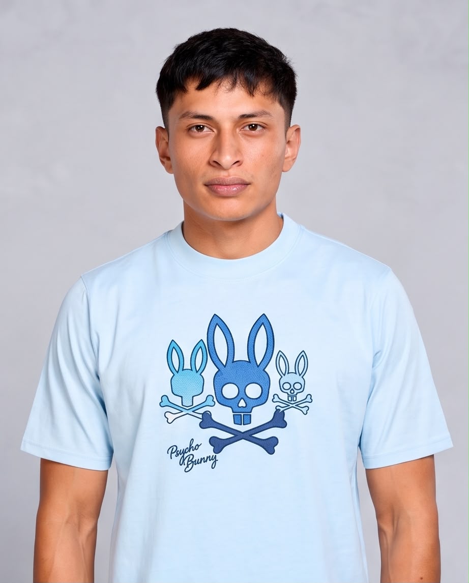Camiseta azul claro Psycho Bunny triple conejo en tonos azules, vista frontal