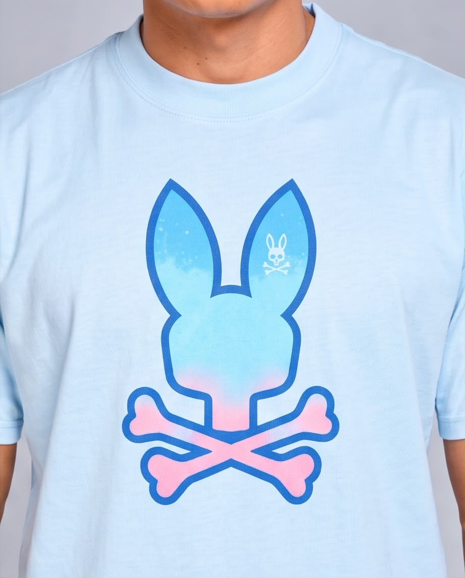 Detalle de silueta de conejo degradado azul y rosa con huesos cruzados