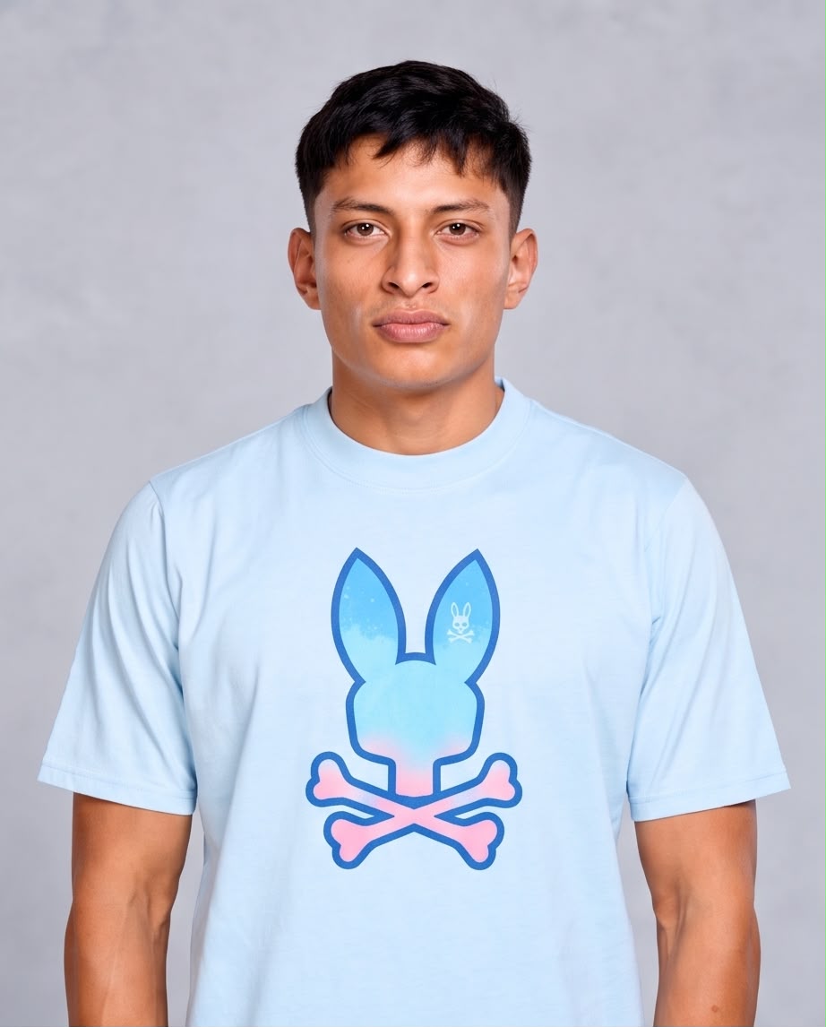 Camiseta azul claro Psycho Bunny conejo degradado azul y rosa, vista frontal