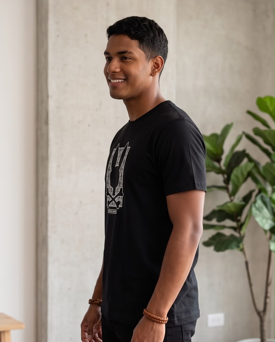Camiseta negra con conejo y monograma blanco, vista lateral