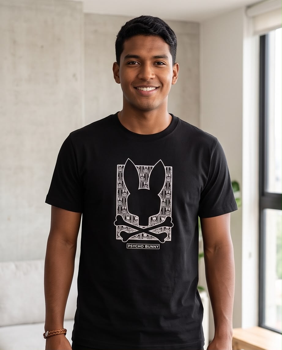 Camiseta negra Psycho Bunny conejo monograma blanco, vista frontal