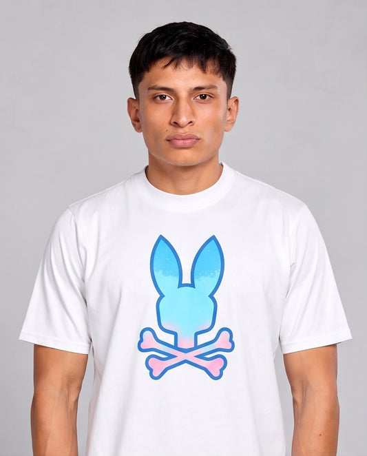 Camiseta blanca Psycho Bunny conejo degradado azul y rosa, vista frontal
