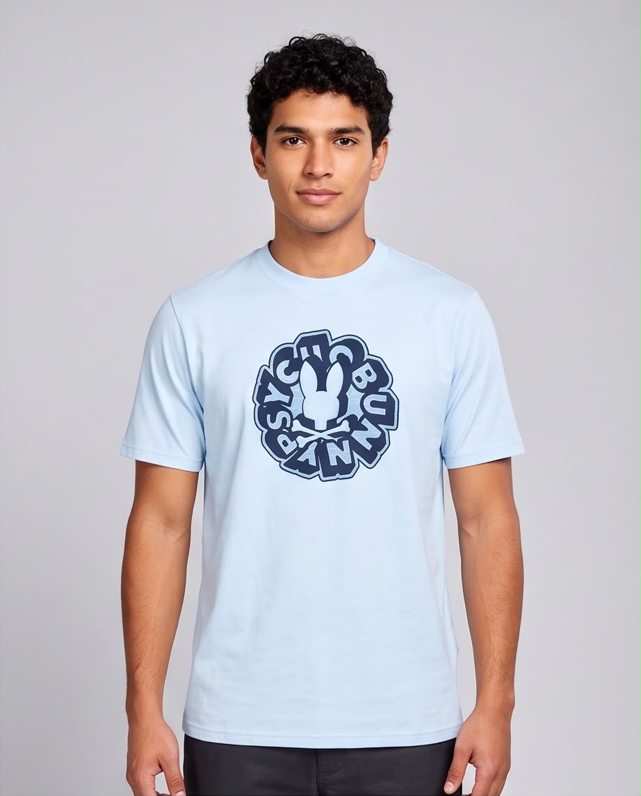 Camiseta azul claro Psycho Bunny letras circulares, vista frontal