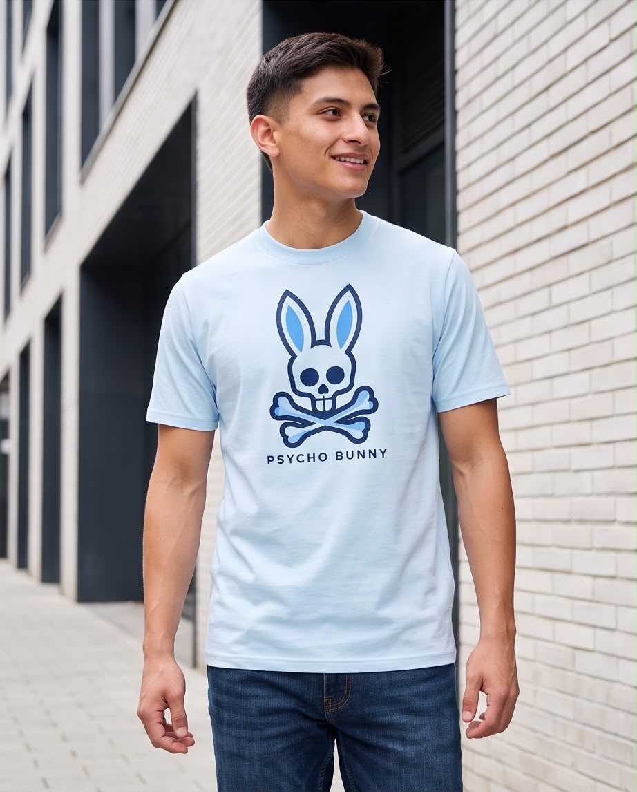 Camiseta azul claro Psycho Bunny calavera, modelo en exterior
