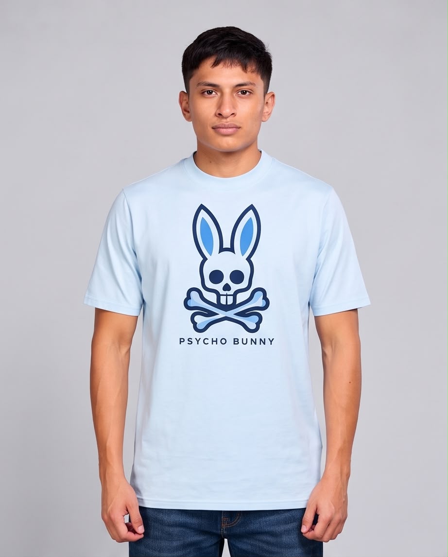 Camiseta azul claro Psycho Bunny calavera contorno azul oscuro, vista frontal