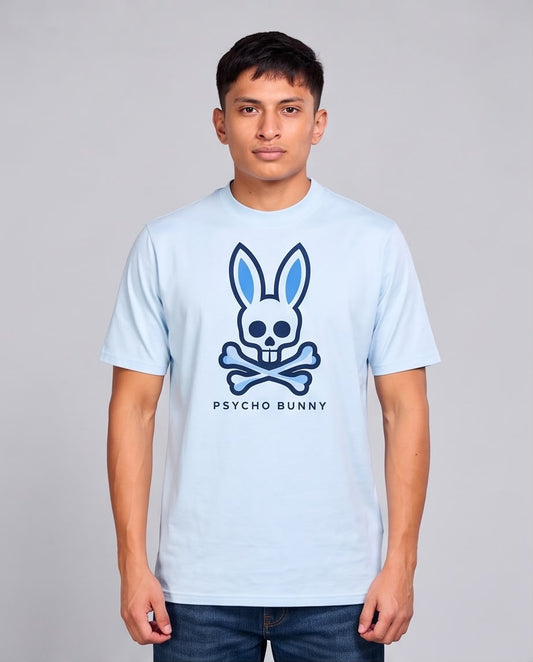 Camiseta azul claro Psycho Bunny calavera contorno azul oscuro, vista frontal