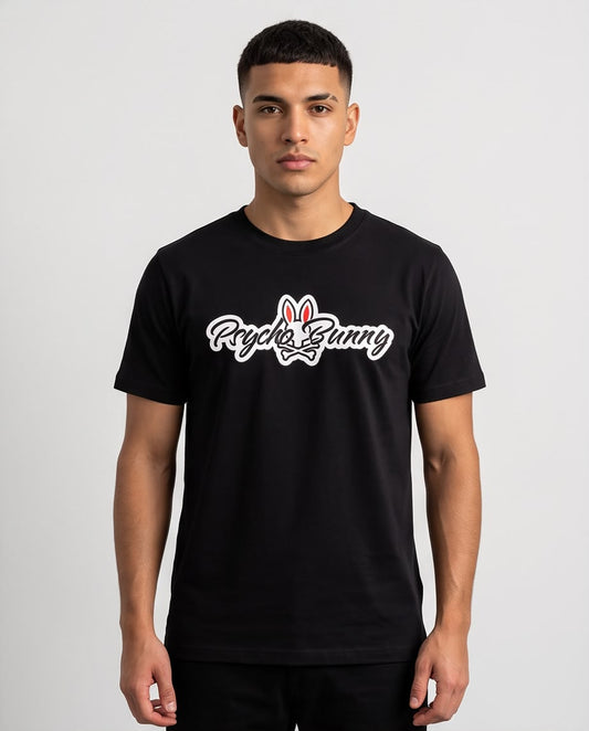Camiseta negra Psycho Bunny Script, vista frontal completa