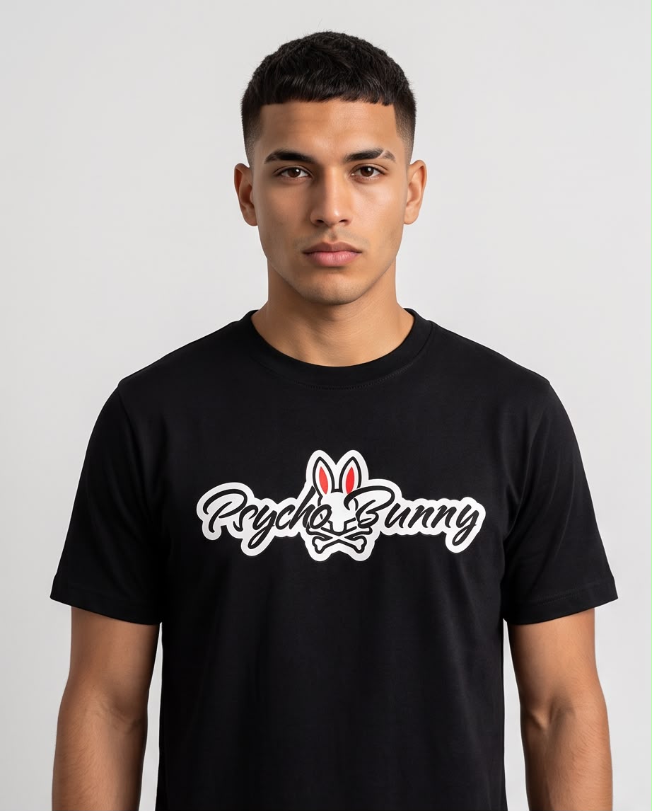Camiseta negra Psycho Bunny Script, vista frontal