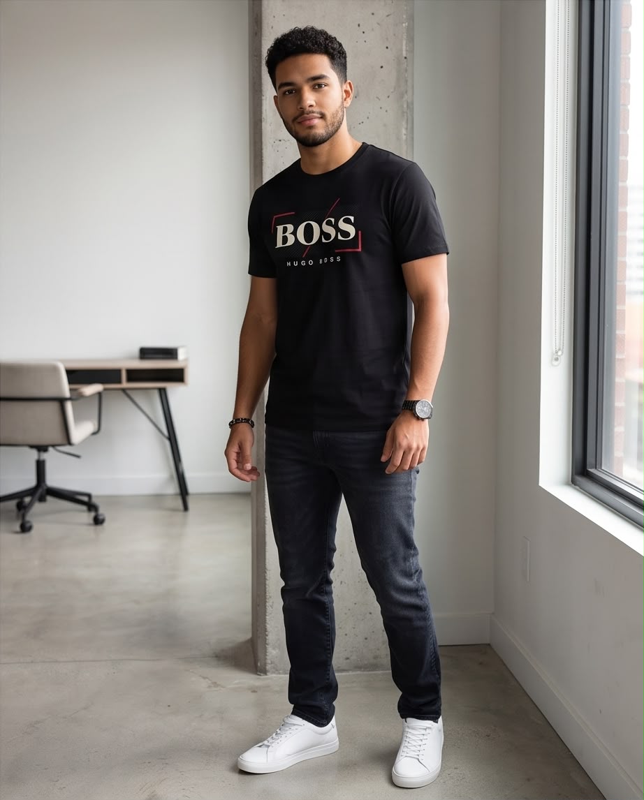 Camiseta negra BOSS geométrica, vista de cuerpo completo