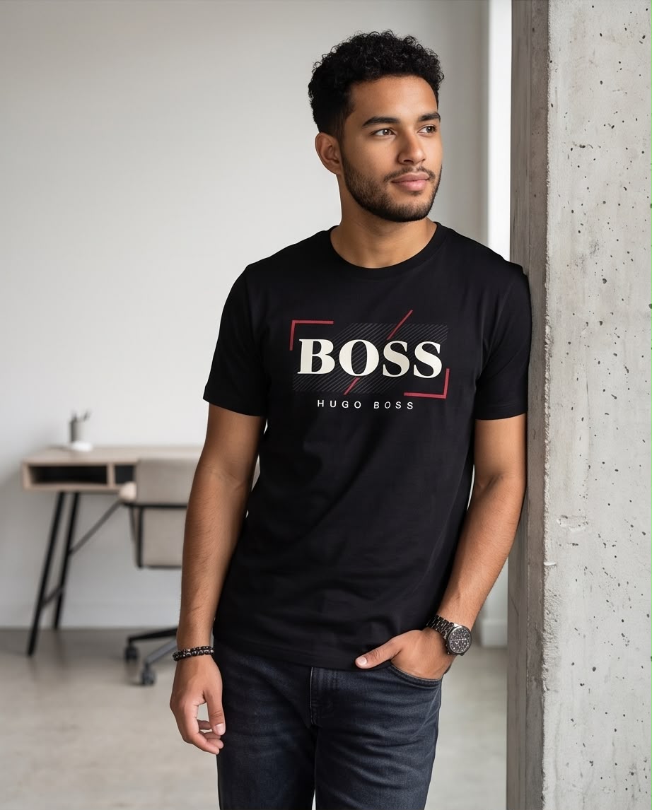 Detalle del estampado BOSS blanco con líneas grises y trazos rojos