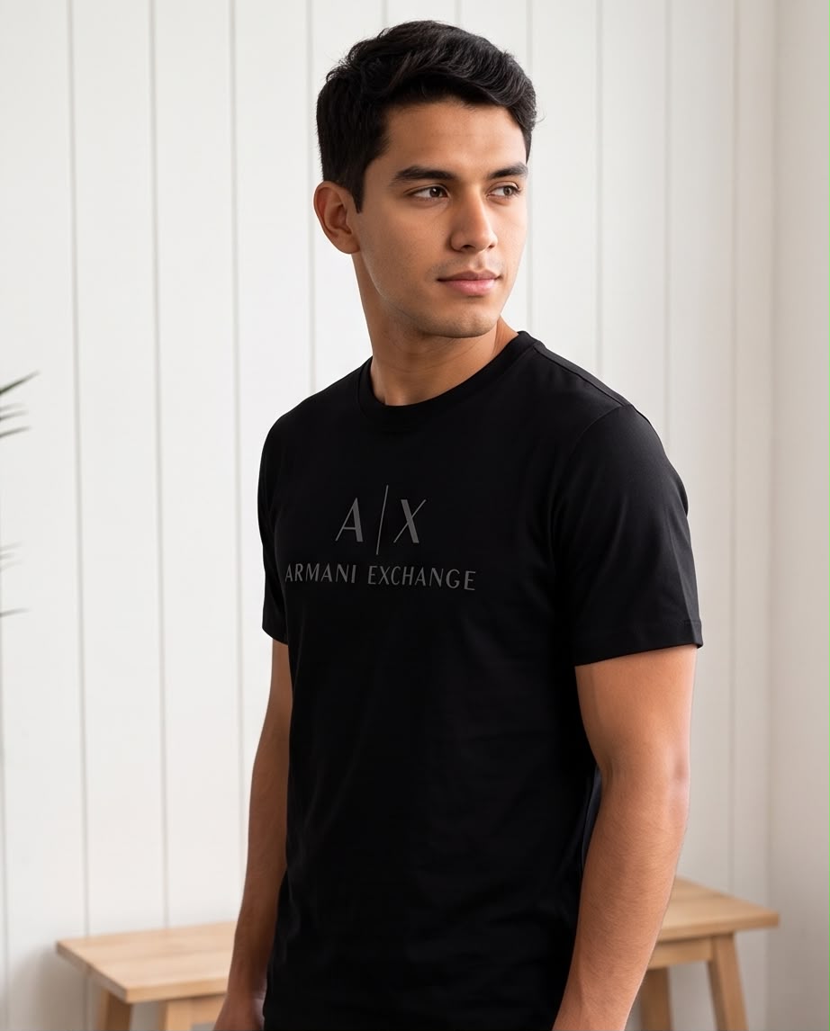 Camiseta negra Armani Exchange A|X logo gris, vista completa