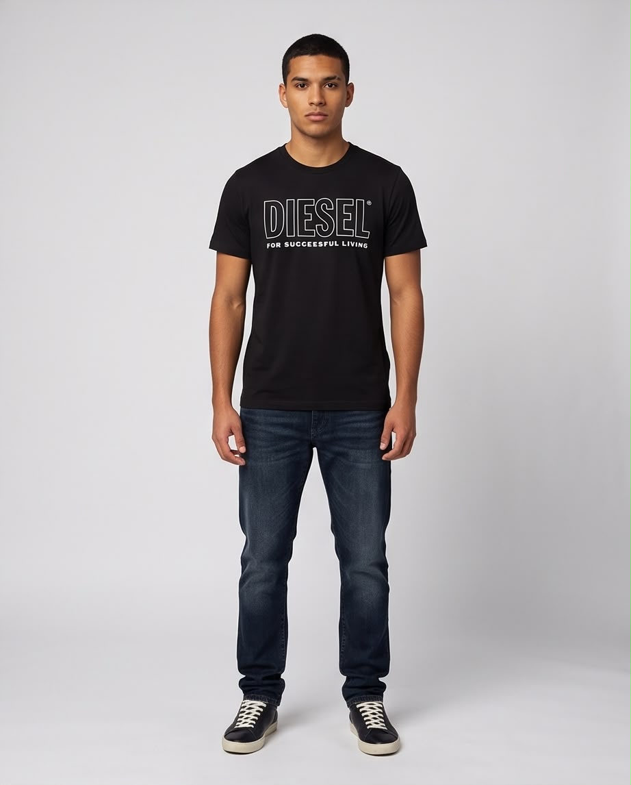 Camiseta negra Diesel logo delineado blanco, vista frontal