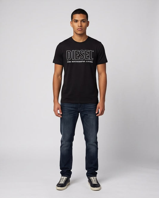 Camiseta negra Diesel logo delineado blanco, vista frontal
