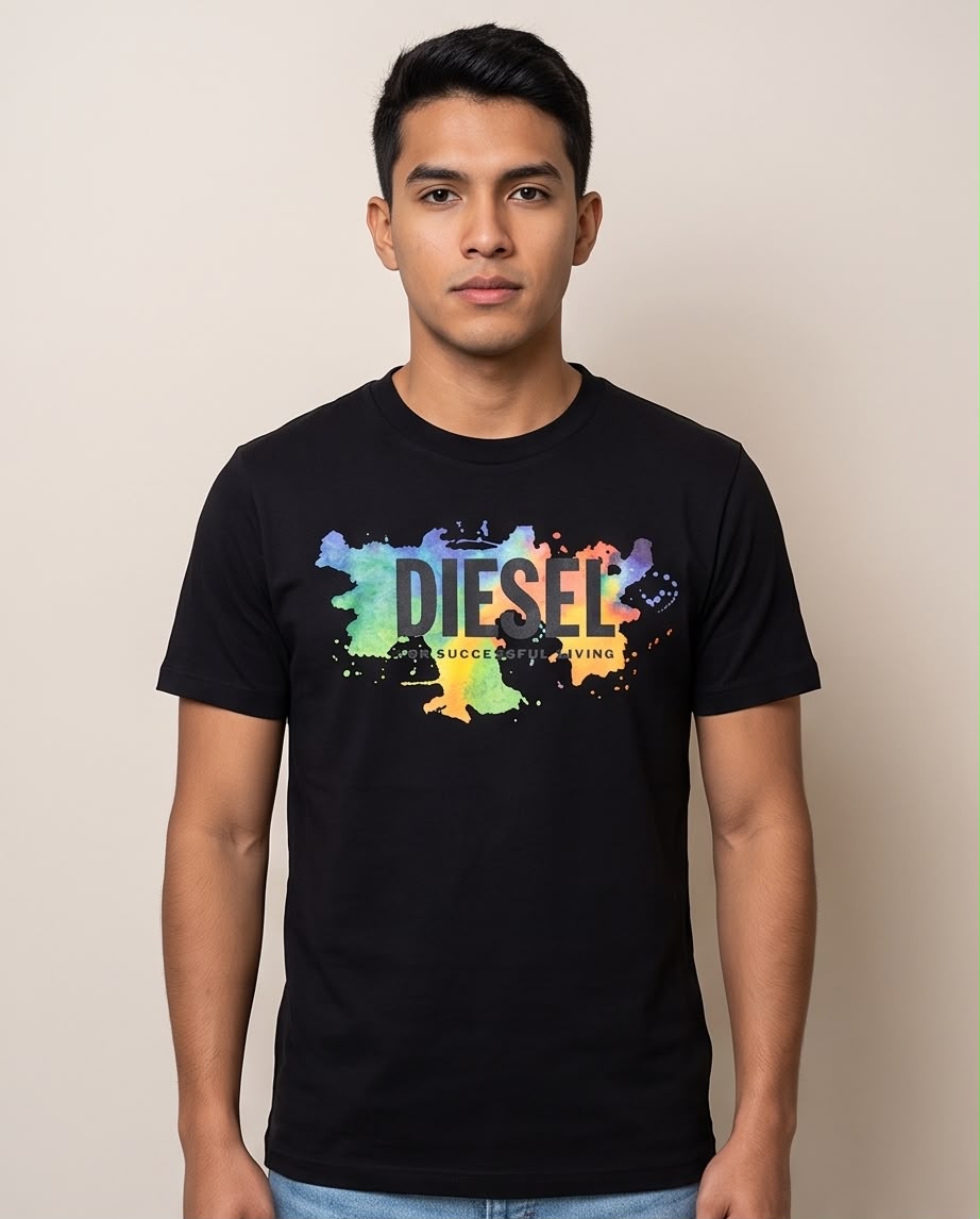 Camiseta negra Diesel Acuarela Multicolor, vista frontal