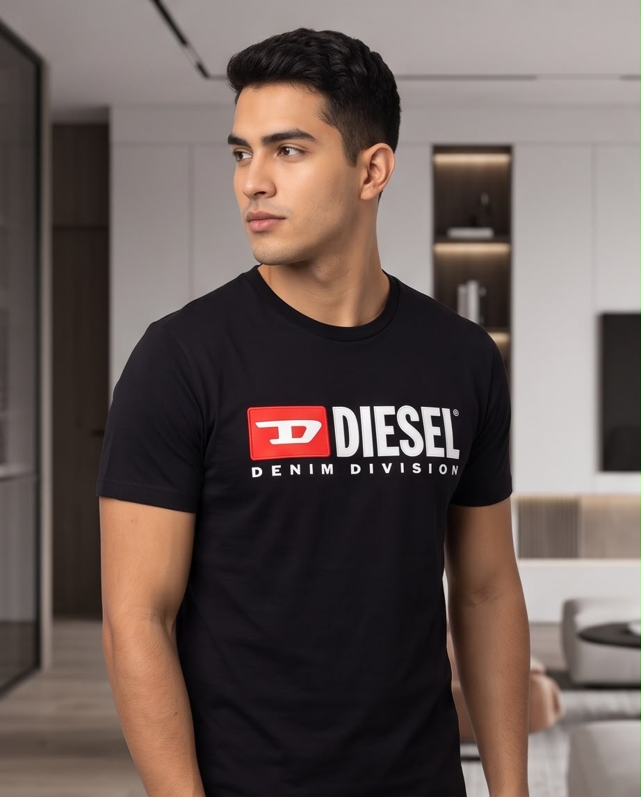 Camiseta negra Diesel Denim Division en modelo, vista de tres cuartos