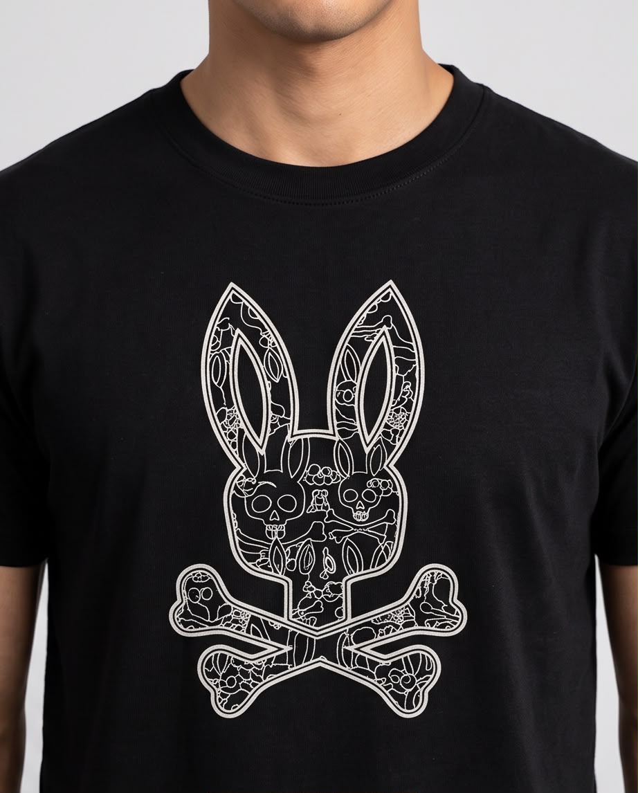 Camiseta negra Psycho Bunny, vistas lateral y espalda lisa
