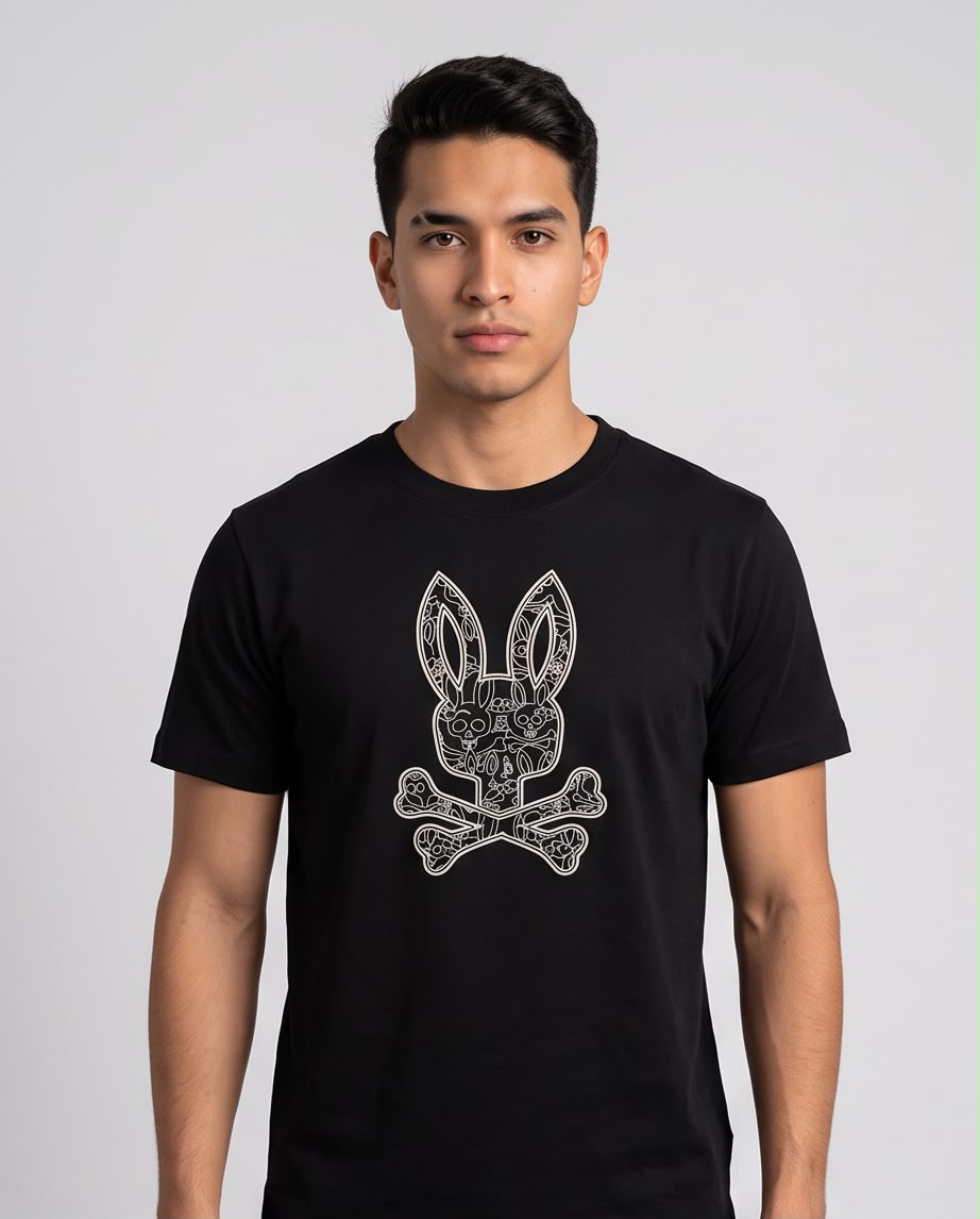 Camiseta negra Psycho Bunny conejo mini calaveras, vista frontal